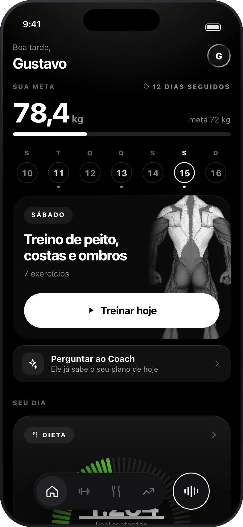 TapFit aberto no celular: a meta de peso, o treino do dia e o resumo da dieta