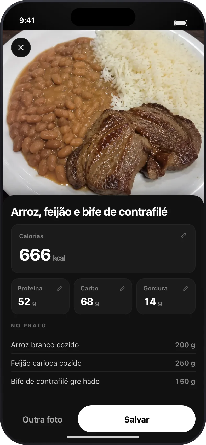 Resultado da foto de um prato: nome, calorias, macros e o que foi identificado
