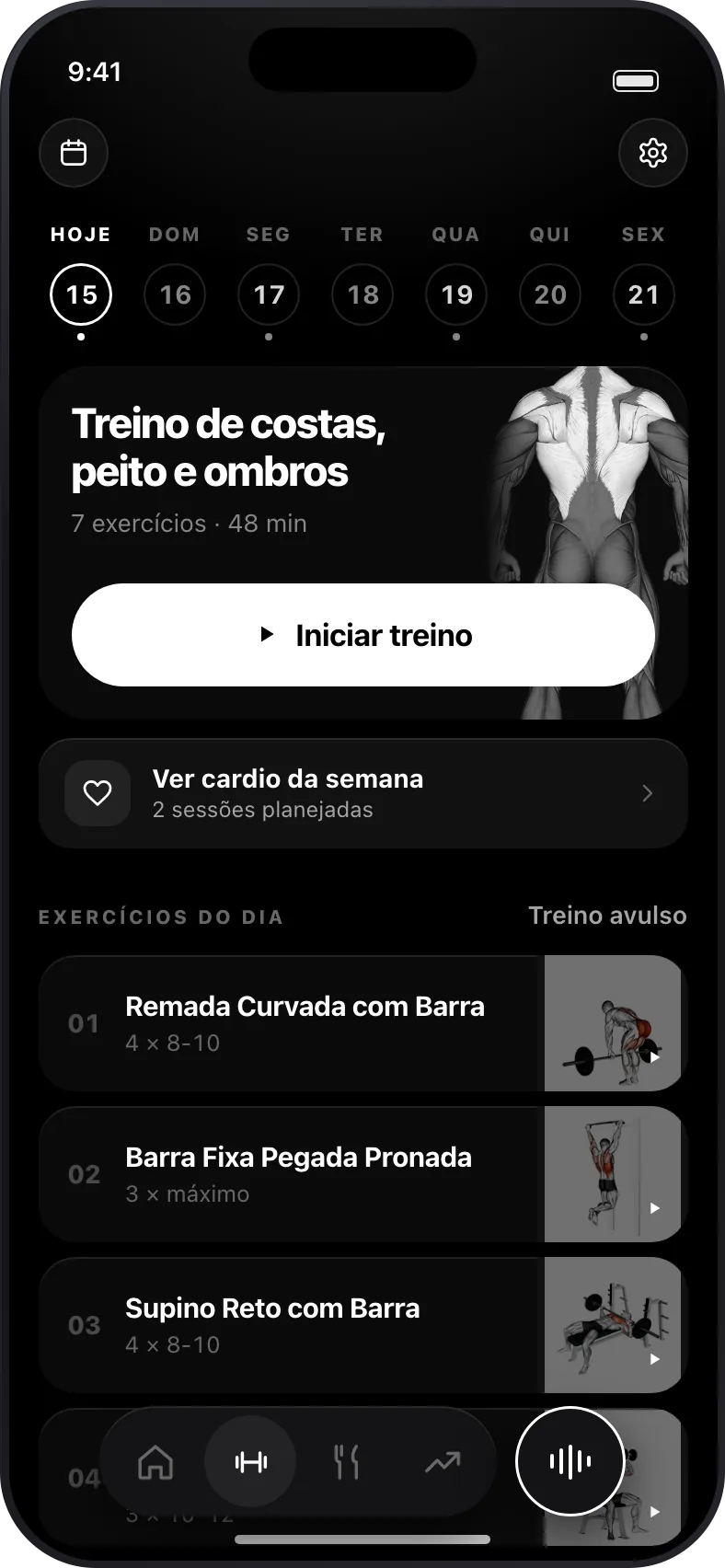 Tela de treino do TapFit com o protocolo do dia e a lista de exercícios