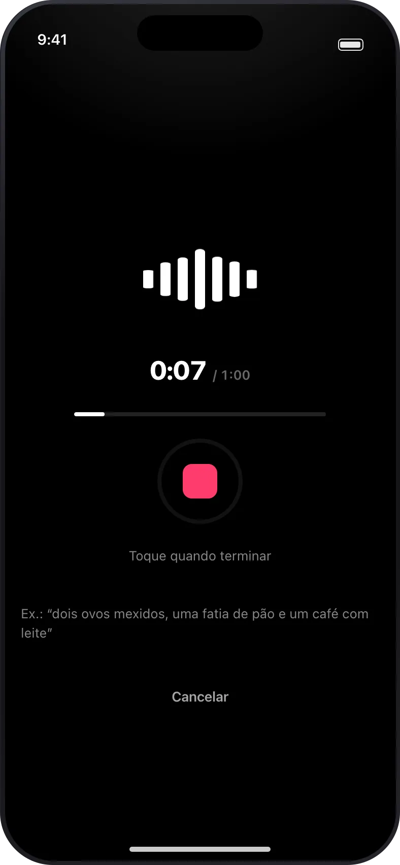 Registro por voz gravando a descrição de uma refeição