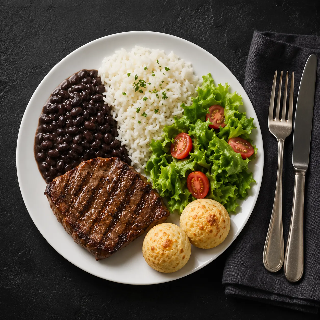Prato brasileiro — arroz, feijão, bife, pão de queijo, salada